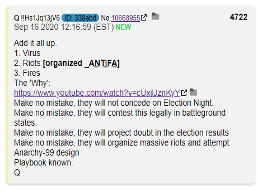 Q Drop Text that says the following:

Add it all up.
1. Virus
2. Riots (Organized ANTIFA)
3. Fires 
The Why
youtube link to tucker carlson interview
Make not mistake, they will not concede on election night.
Make no mistake, they will contest this legally in the battleground states.
Make no mistake, they will project doubt in the election results.
Make no mistake, they will organize massive riots and attempt Anarchy 99 design.
Playbook known.
Q